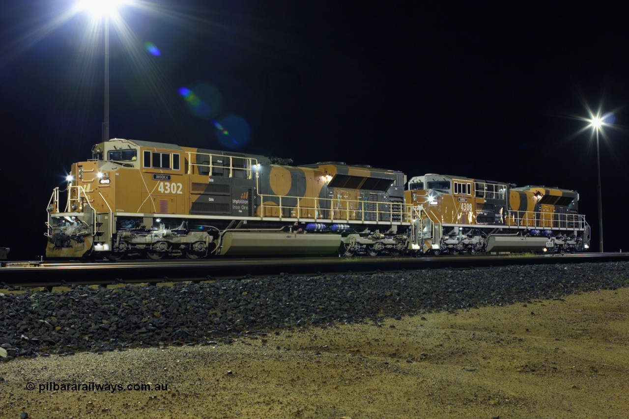 060301 3088r
Nelson Point yard sees BHP Billiton Electro-Motive built SD70ACe/LC units 4302 serial 20038540-003 and 4308 serial 20038540-009 awaiting their next call to duty on Wednesday night 1st March 2006.
Keywords: 4302;4309;Electro-Motive;EMD;SD70ACe/LC;20038540-003;20038540-009;