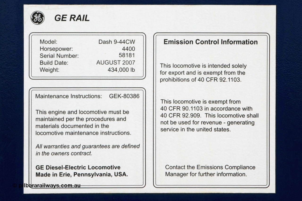 081225 0587r
Builders decal for FMG's General Electric built Dash 9-44CW unit 004 serial 58181. 25th December 2008.
Keywords: FMG-004;GE;Dash-9-44CW;58181;