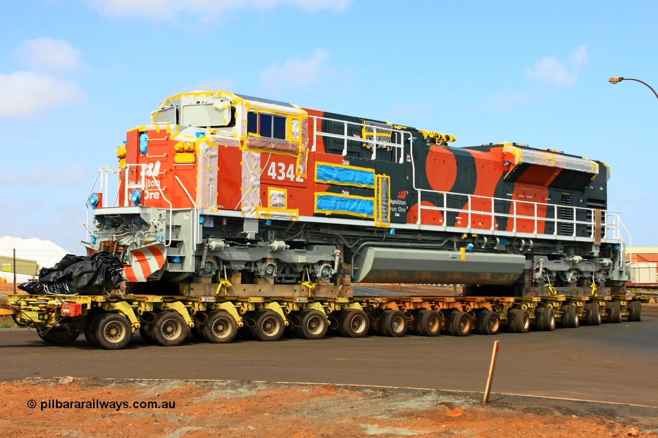 090114 0879
Port Hedland, Electro-Motive built SD70ACe/LC loco 4342 serial 20078915-009 turns off Gilbert Street and into Nelson Point via Gate 9 14th January 2009.
Keywords: 4342;Electro-Motive;EMD;SD70ACe/LC;20078915-009;