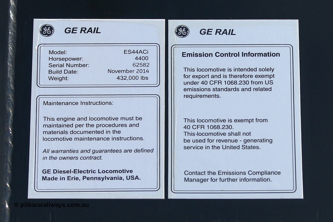 150130 7634r
Roy Hill builders' sticker for General Electric built model ES44ACi serial 62582 locomotive RHA 1010. 30th January 2015.
Keywords: RHA-class;RHA1010;GE;ES44ACi;62582;