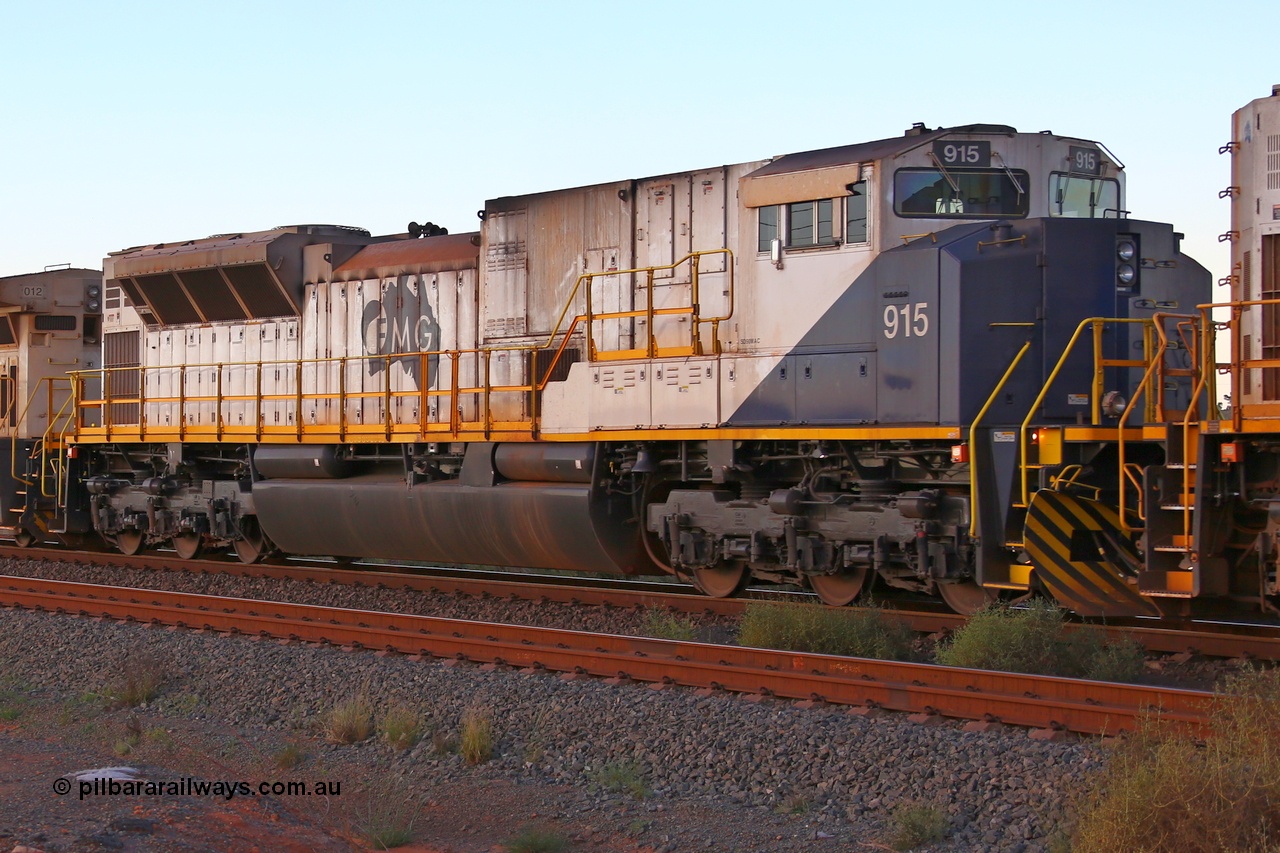150713 9439r
Herb Elliot Port, South Hedland sees FMG's Electro-Motive Division built SD90MAC-H2 locomotive 915 serial 976833-17, originally UP 8538 built in 1999 and rebuilt by Progress Rail Kentucky USA in 09/2014, seen here 13th July 2015.
Keywords: FMG-915;Progress-Rail-Kentucky-USA;EMD;SD90MAC-H2;976833-17;