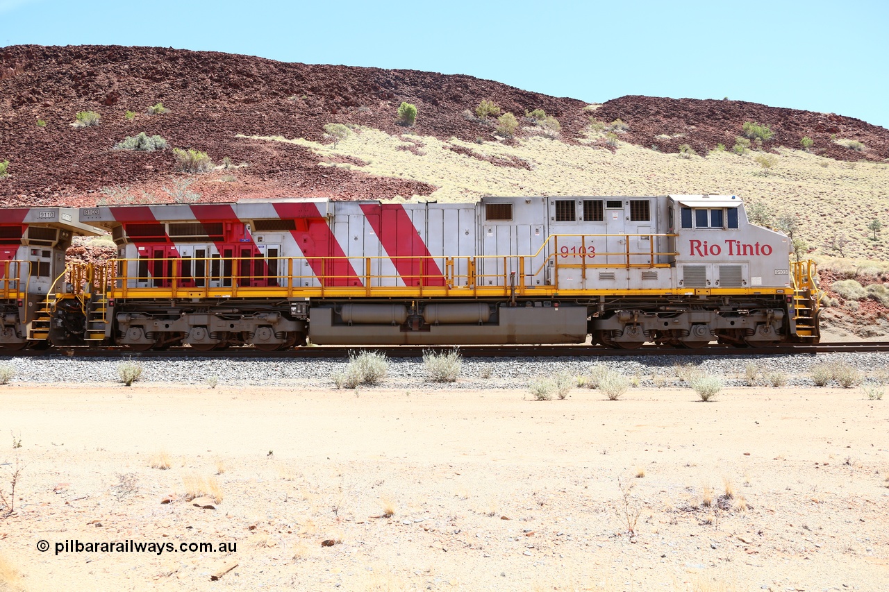 160306 1423
Green Pool, Rio Tinto General Electric built ES44ACi unit 9103 serial 61941 with a loaded ex-Deepdale awaits a meet with an empty, right hand side view. 6th March 2016. [url=https://goo.gl/maps/2nXD6ES9yUU2]View location here[/url].
Keywords: 9103;GE;ES44ACi;61941;