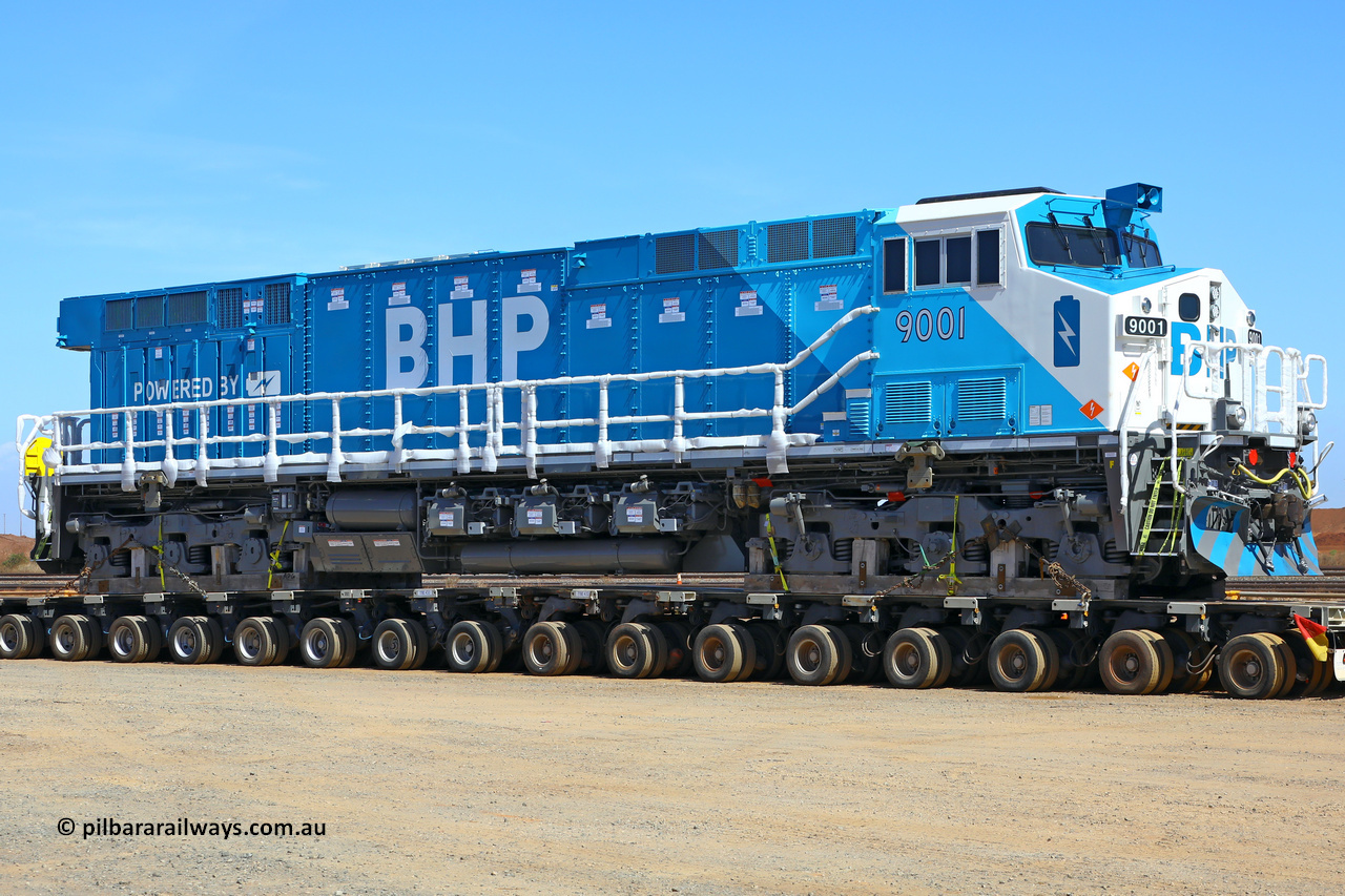9001 rhs NP r251116 4517
Nelson Point, BHP's 9001 class leader, a brand new Wabtec built FLXdrive ™ battery electric locomotive, or BEL, was delivered to site on November 16, 2025. The BEL's, 9001 and 9002 were built by Wabtec at their Erie, Pennsylvania, USA plant and are designated as model FXH70C. Both locos were shipped on the BBC St Petersburg and road transport provided by Tutt Bryant. 9001 has serial number 66453 and a built date of Dec 2023.
Keywords: 9001;66453;Wabtec;BEL;FXH70C