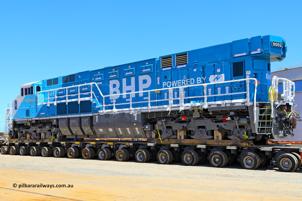 9002 NP lhs 251117 4661
Nelson Point, BHP's 9002, a brand new Wabtec built FLXdrive ™ battery electric locomotive, or BEL, was delivered to site on November 16, 2025. The BEL's, 9001 and 9002 were built by Wabtec at their Erie, Pennsylvania, USA plant and are designated as model FXH70C. Both locos were shipped on the BBC St Petersburg and road transport provided by Tutt Bryant. 9002 has serial number 66454 and a built date of Dec 2023.
Keywords: 9002;66454;Wabtec;BEL;FXH70C