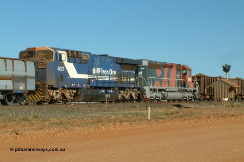 040802 155602r
Bing Siding, BHP mid train units GE AC6000 6072 'Hesta' serial 51064 with EMD SD40R 3087 serial 31519 formally Southern Pacific SD40 SP 8438. Note the windscreen protectors on 6072. 2nd August 2004.
Keywords: 6072;GE;AC6000CW;51064;