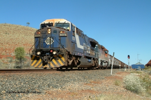 040810 130942r
The 226 km between Hesta and Shaw sidings, BHP GE AC6000 6074 'Kalgan' serial 51066 leading EMD SD40R 3088 serial 31513 originally Southern Pacific SD40 SP 8432 with a loaded train powering upgrade 10th August 2004.
Keywords: 6074;GE;AC6000;51066;