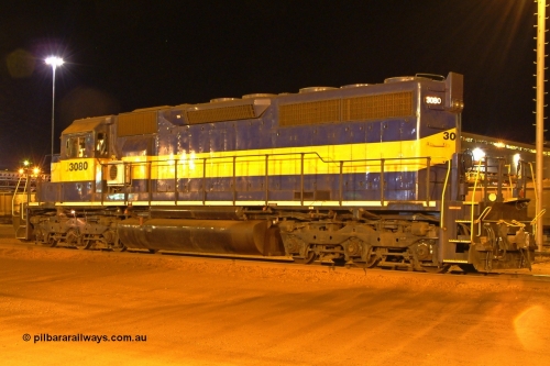 040816 190153r
Nelson Point, BHP EMD SD40 units 3080 serial 33674 originally Southern Pacific SD40 SP 8482 and still in former owner IC&E blue and yellow livery awaits a return to service after a day at the wheel lathe 16th August 2004.
Keywords: 3080;EMD;SD40;33674/7083-4;SP8482;