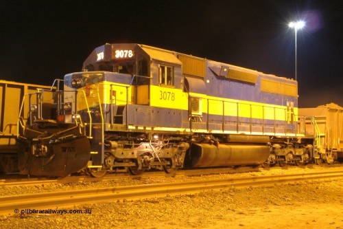 040818 205238r
Nelson Point, BHP Billiton yard pilot EMD SD40 unit 3078 serial 31503 originally Southern Pacific unit SP 8422 and still wearing former owner IC&E blue and yellow livery with a loaded rake awaiting clearance though Car Dumper 2 18th August 2004.
Keywords: 3078;EMD;SD40;31503/7861-13;SP8422;