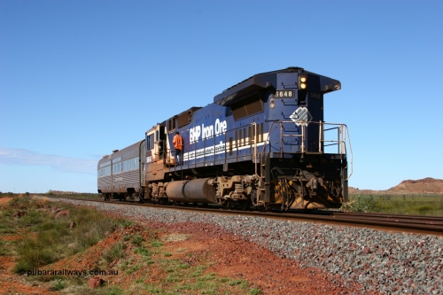 050625 3784
Allan Siding, at the 51 km just east of Node 3 on the GML sees BHP Goninan GE rebuilt model CM40-8M unit 5648 'Kwangyang Bay' serial 8412-06 / 93-139 long end leading the Sundowner waiting for an empty train to pull in clear into the siding on its way back to Hedland 25th June 2005.
Keywords: 5648;Goninan;GE;CM40-8M;8412-06/93-139;rebuild;AE-Goodwin;ALCo;M636C;5477;G6047-9;