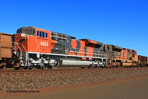 091002 2629r
Port Hedland, at the 11.8 km on the big curve the second set lead controlling remote BHP Billiton locomotive 4353 from the fifth order for nine SD70ACe model EMD units from Electro-Motive and built in London, Ontario in 2009 with serial 20088019-007 controls older stablemate 4303 Walla from the original SD70ACe/LC order. 4353 would later be named Warman. 2nd October 2009.
Keywords: 4353;Electro-Motive-London-Ontario;EMD;SD70ACe;20088019-007