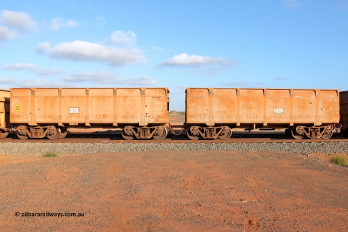 01001-02002 131126 3714
FMG 1001 and 2002 seen at Boodarie on an empty train, November 26, 2013. Original orders for 976 waggons numbered from 1001 slave and 2002 control up to 1975 slave and 2976 control built by CSR Zhuzhou Rolling Stock Works in 2007 and 2008 across two orders one for 816 waggons and the second for 160 waggons.
Keywords: 1001-2002;CSR-Zhuzhou-Rolling-Stock-Works;FMG-ore-waggon;
