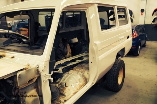 140603 0697r
Here's the Troopy at the panel shop with a complete new LHS panel. June 2014.
