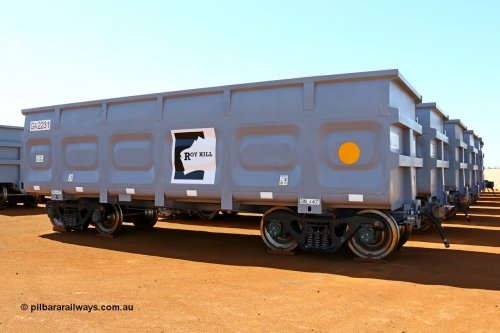 150314 7807
Wedgefield, stowed in a yard awaiting more rail to be laid, Roy Hill rotary tip 70m³ capacity ore waggon GA 2231 built by China Southern Rail in Zhuzhou China. The yellow circle indicating the rotary coupler end. 14th March 2015.
Keywords: GA2231;China-Southern-Rail;