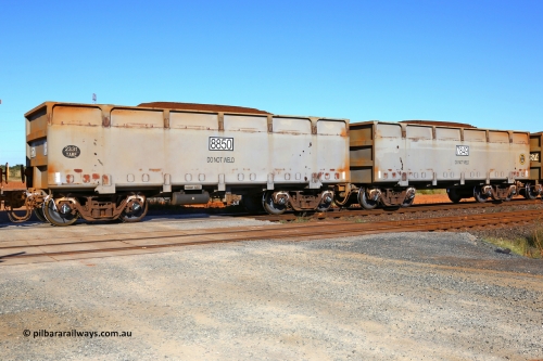 07849-08850 200616 6591
FMG 7849 and 8850 on a loaded  train at Boodarie, June 16, 2020. 406 waggons numbered 7445 slave and 8446 control, up to 7849 slave and 8850 control built by CRRC Yangtze in 2017 and 2018 with a lined body stencilled DO NOT WELD.
Keywords: 7849-8850;CRRC-Yangtze;FMG-ore-waggon;