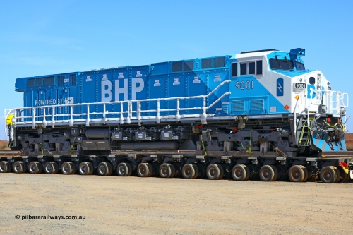 251116 4517 9001 NP RHS
Nelson Point, BHP's 9001 class leader, a brand new Wabtec built FLXdrive ™ battery electric locomotive, or BEL, was delivered to site on November 16, 2025. The BEL's, 9001 and 9002 were built by Wabtec at their Erie, Pennsylvania, USA plant and are designated as model FXH70C. Both locos were shipped on the BBC St Petersburg and road transport provided by Tutt Bryant. 9001 has serial number 66453 and a built date of Dec 2023.
Keywords: 9001;66453;Wabtec;BEL;FXH70C;
