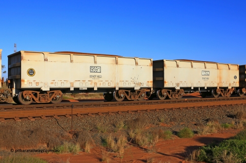 09591-10592 230902 7241
FMG 9591 and 10592 on a loaded train at Boodarie, September 2, 2023. Sixty eight waggons numbered from 9591 slave and 10592 control, up to 9657 slave and 10658 control built by CRRC Qiqihar in January and February 2022, and 9625 and higher in June 2022 with lined body stencilled DO NOT WELD and the relined date.
Keywords: 9591-10592;CRRC-Qiqihar;FMG-ore-waggon;