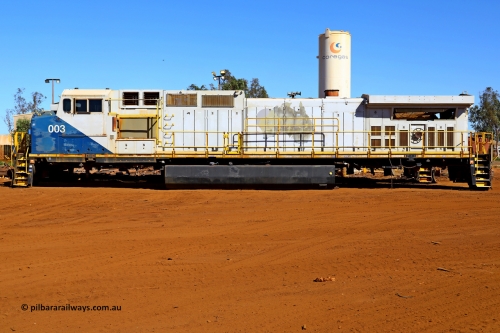 250430 10005
Wedgefield, FMG General Electric built Dash 9-44CW locomotive 003 with serial number 58180, built in August 2007 and delivered to FMG in November that year. Stripped on bogies, radiators, alternator and other items seen here at Sell & Parker, Wedgefield, WA for scrapping. April 30, 2025.
Keywords: FMG-003;GE;Dash-9-44CW;58180